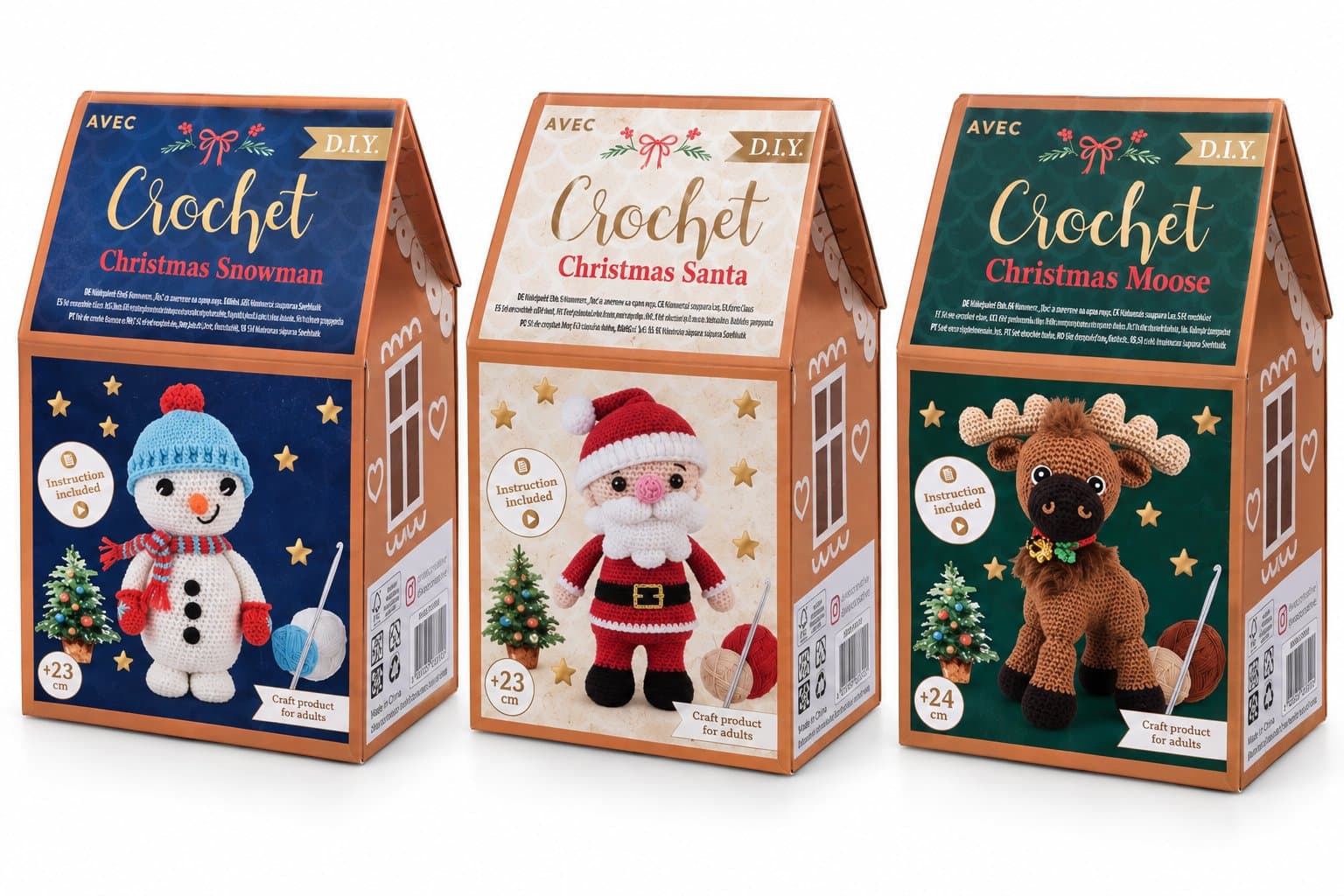 DIY Häkelset Weihnachten – Schneemann, Nikolaus oder Rentier – ca. 23–24 cm
