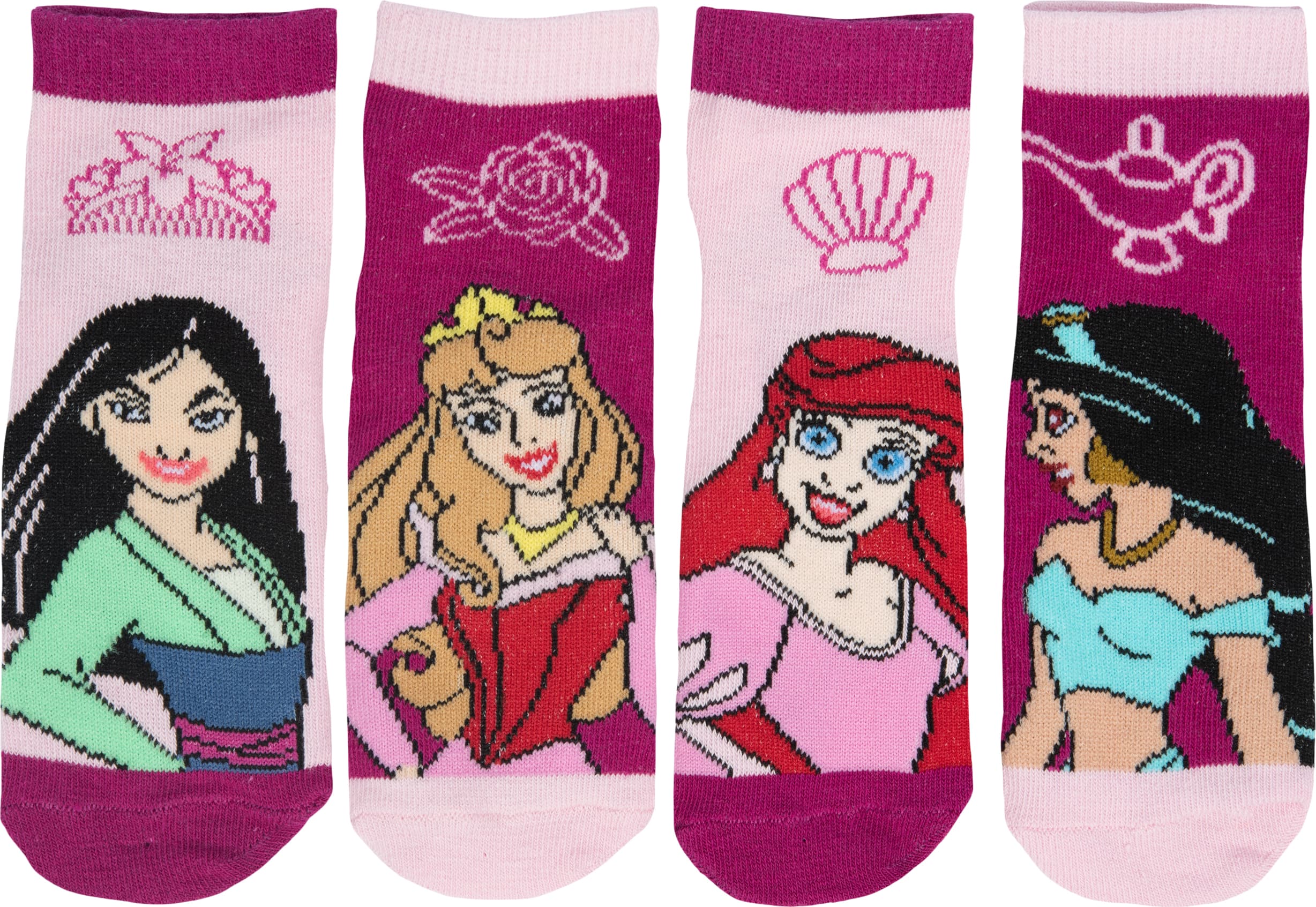 Disney Princess Socken für Mädchen Kinder Kindersocken Sneaker Mehrfarbig Bunt (4er Pack), Größe:23-26