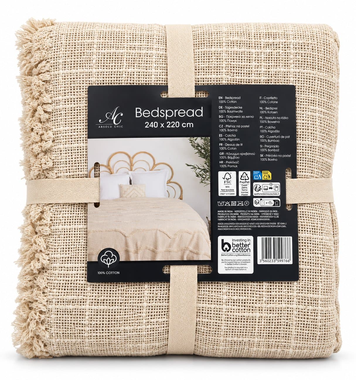 Tagesdecke 240 x 220 cm 100% Baumwolle Beige Natur mit Fransen