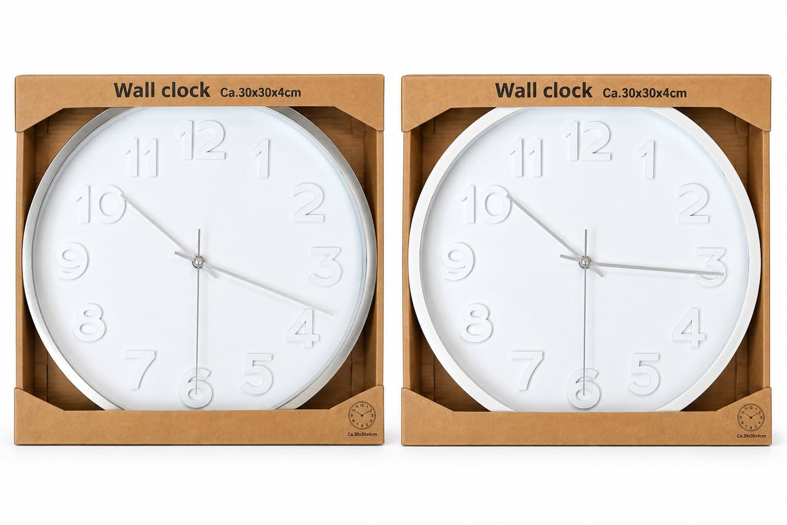 Moderne Wanduhr Ø 30 cm mit 3D-Ziffern – Weiß oder Silber/Chrom