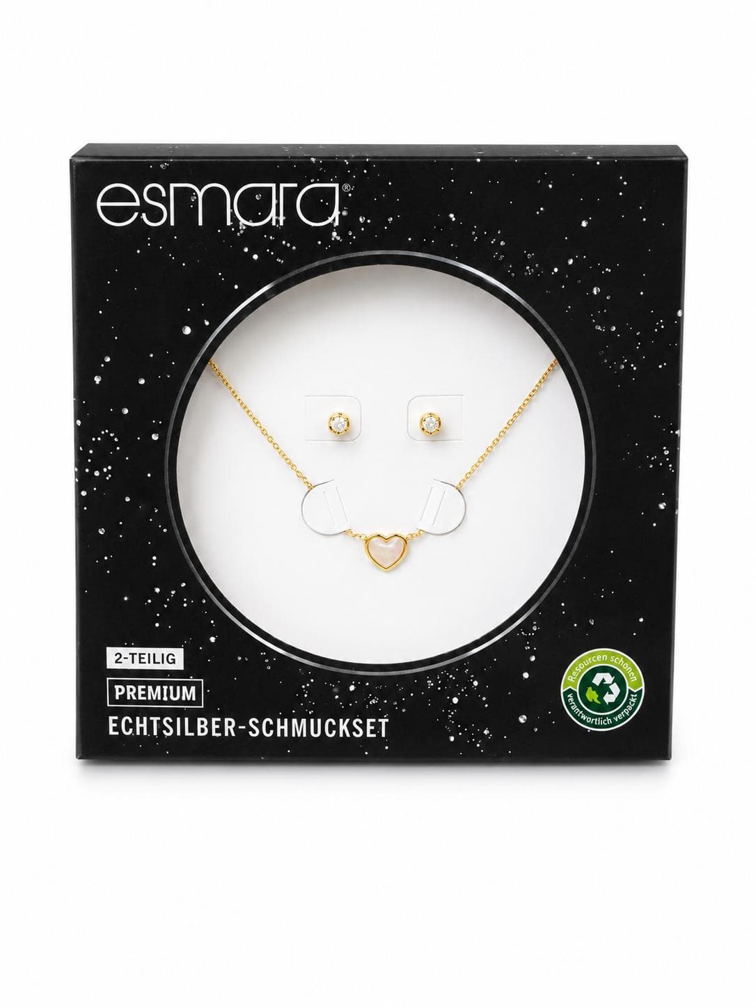 Esmara Echtsilber-Schmuckset 925 vergoldet mit Perlmutt-Herz | Collier & Ohrstecker 2-teilig | Damen Schmuck Geschenk NEU