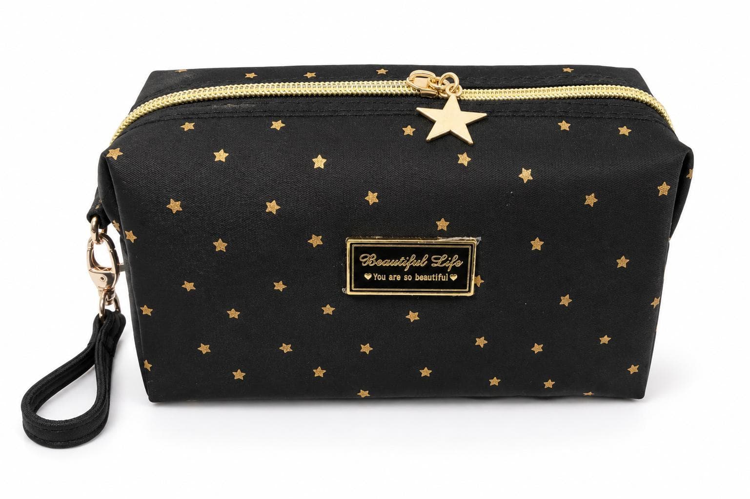 Kosmetiktasche Damen schwarz mit Goldsternen | Beauty Bag "Beautiful Life" mit Stern-Anhänger | Kulturtasche Make-up-Tasche NEU
