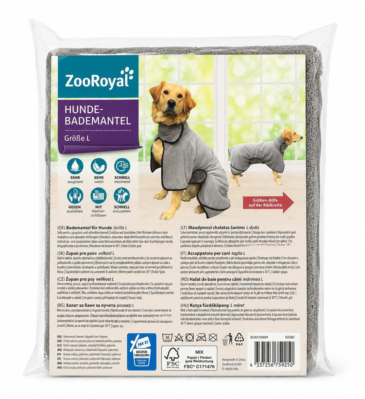 ZooRoyal Hunde-Bademantel grau | Saugstarker Frottee Bademantel für Hunde | Trockentuch Größe L verstellbar