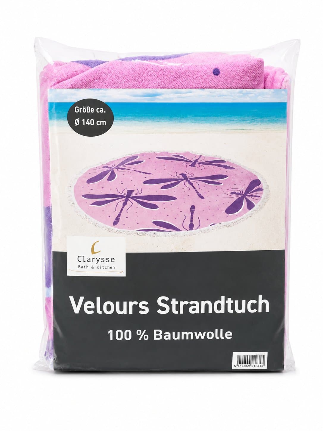 Clarysse Rundes Strandtuch Rosa mit Libelle | Velours Beach Towel Ø 140 cm | 100% Baumwolle mit Fransen | Sommer romantisch