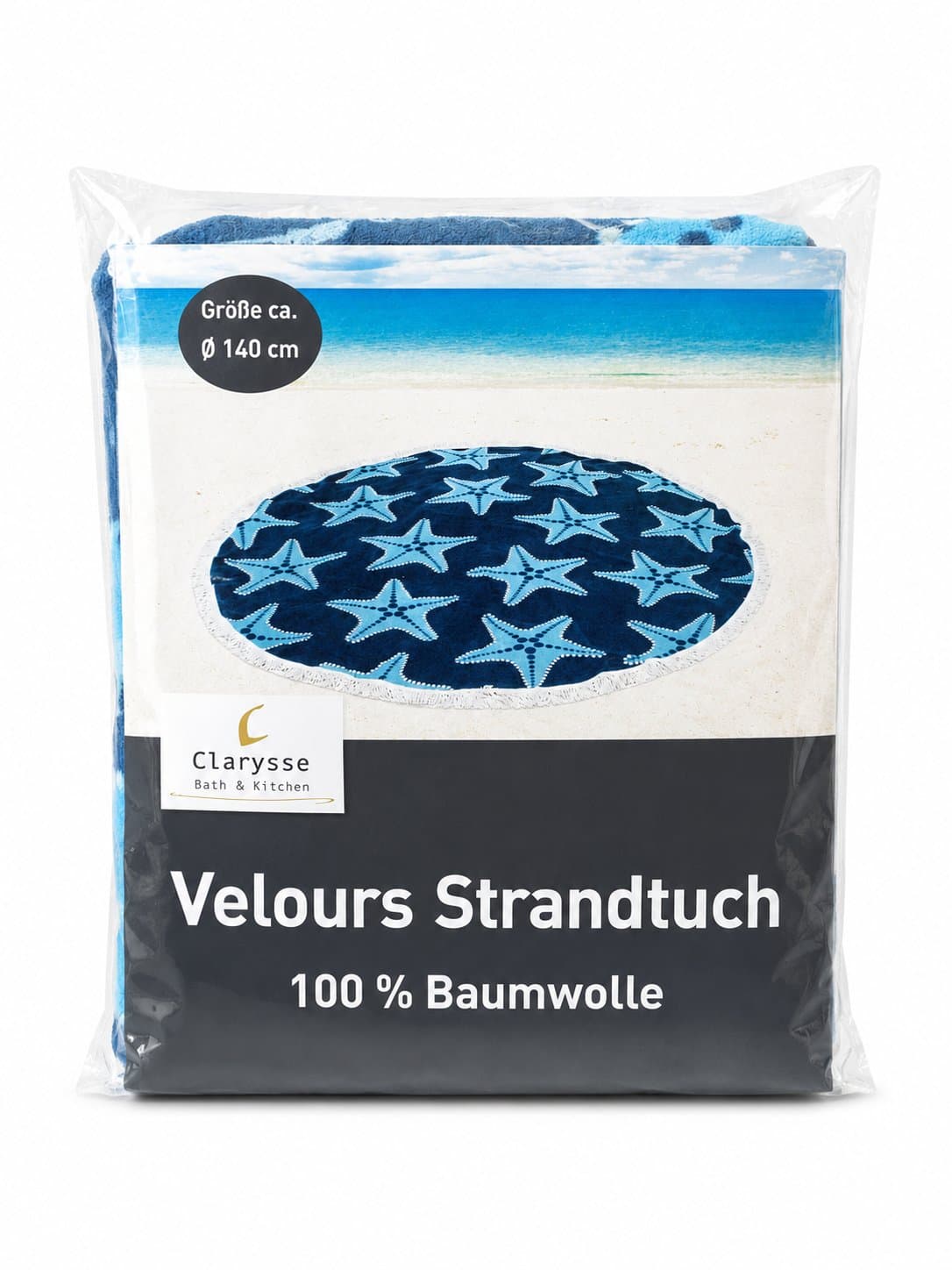 Clarysse Rundes Strandtuch Blau mit Seestern | Velours Beach Towel Ø 140 cm | 100% Baumwolle mit Fransen | Nordsee Meer maritim